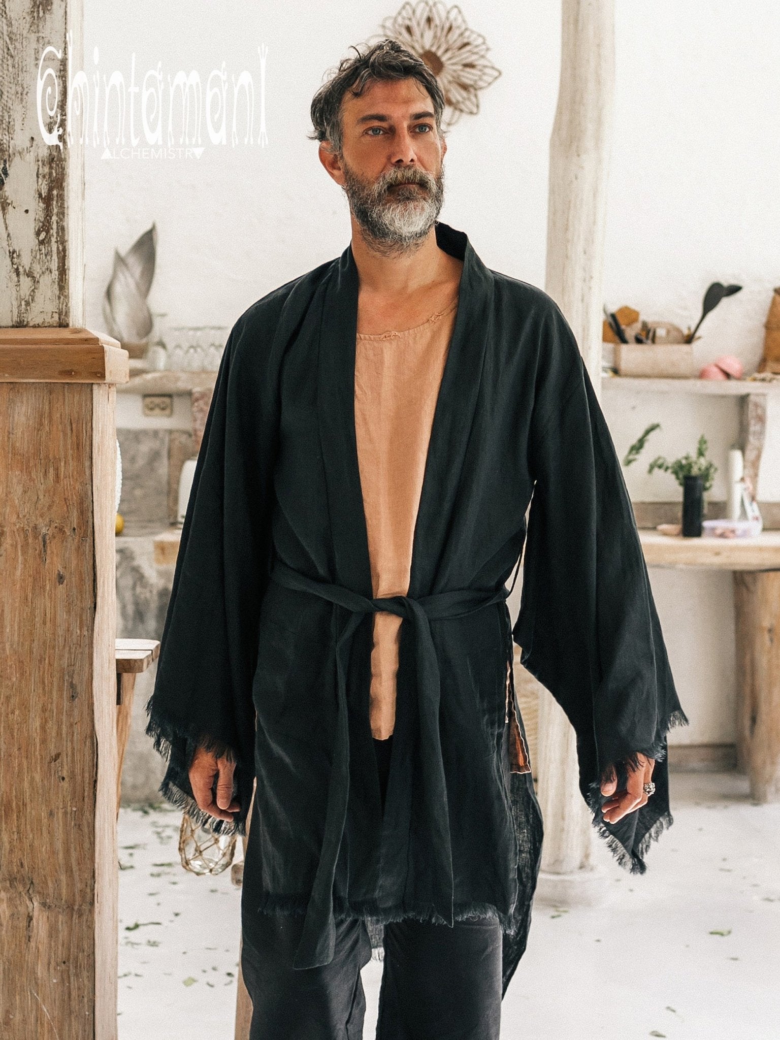 Long Linen Japanese Kimono Robe / Cardigan for Men / Black