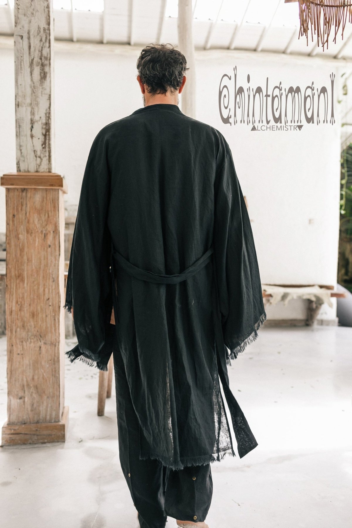 Long Linen Japanese Kimono Robe / Cardigan for Men / Black - ChintamaniAlchemi