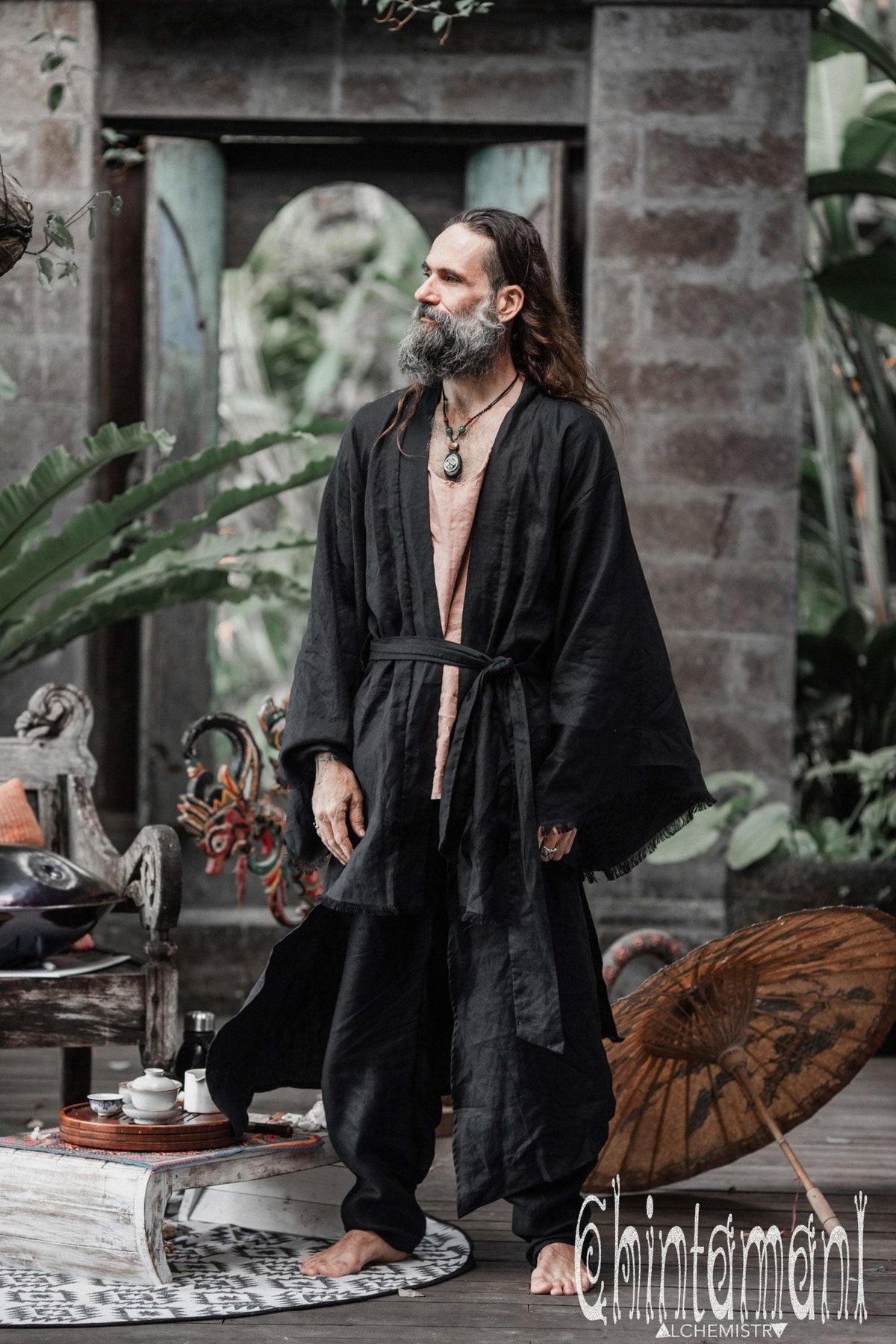 Long Linen Japanese Kimono Robe / Cardigan for Men / Black - ChintamaniAlchemi