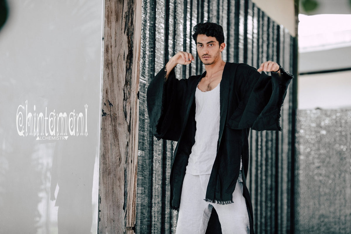 Long Linen Japanese Kimono Robe / Cardigan for Men / Black - ChintamaniAlchemi