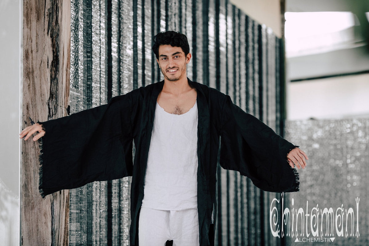 Long Linen Japanese Kimono Robe / Cardigan for Men / Black - ChintamaniAlchemi