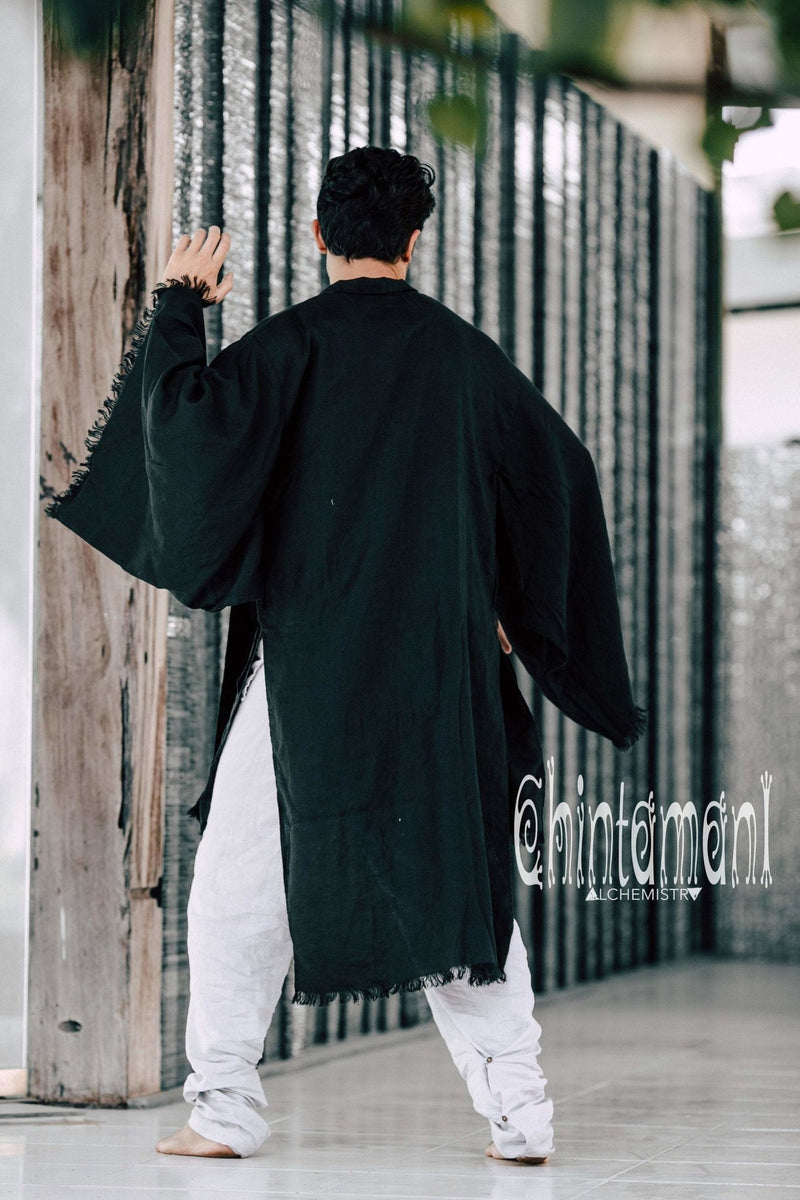 Long Linen Japanese Kimono Robe / Cardigan for Men / Black - ChintamaniAlchemi