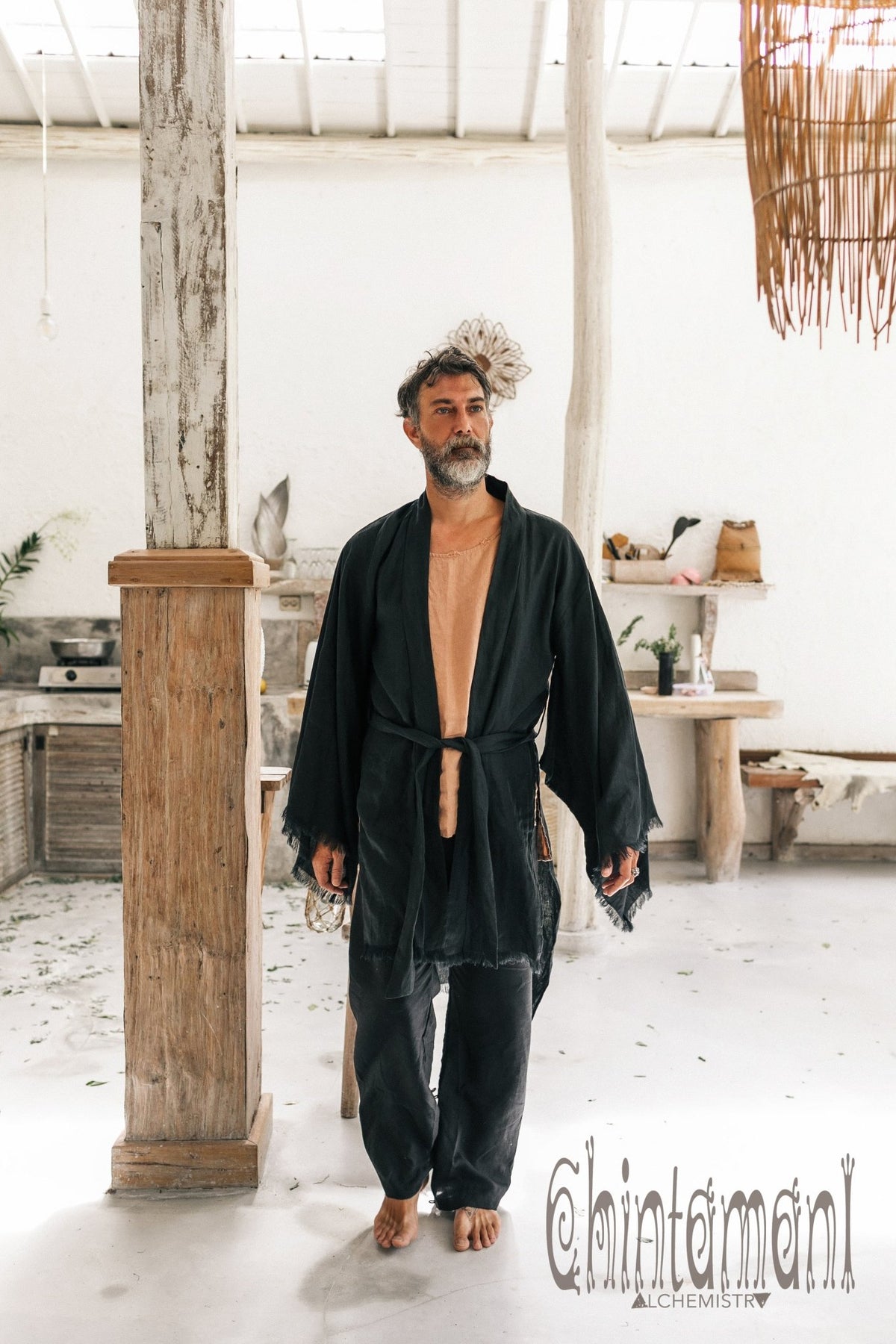 Long Linen Japanese Kimono Robe / Cardigan for Men / Black - ChintamaniAlchemi