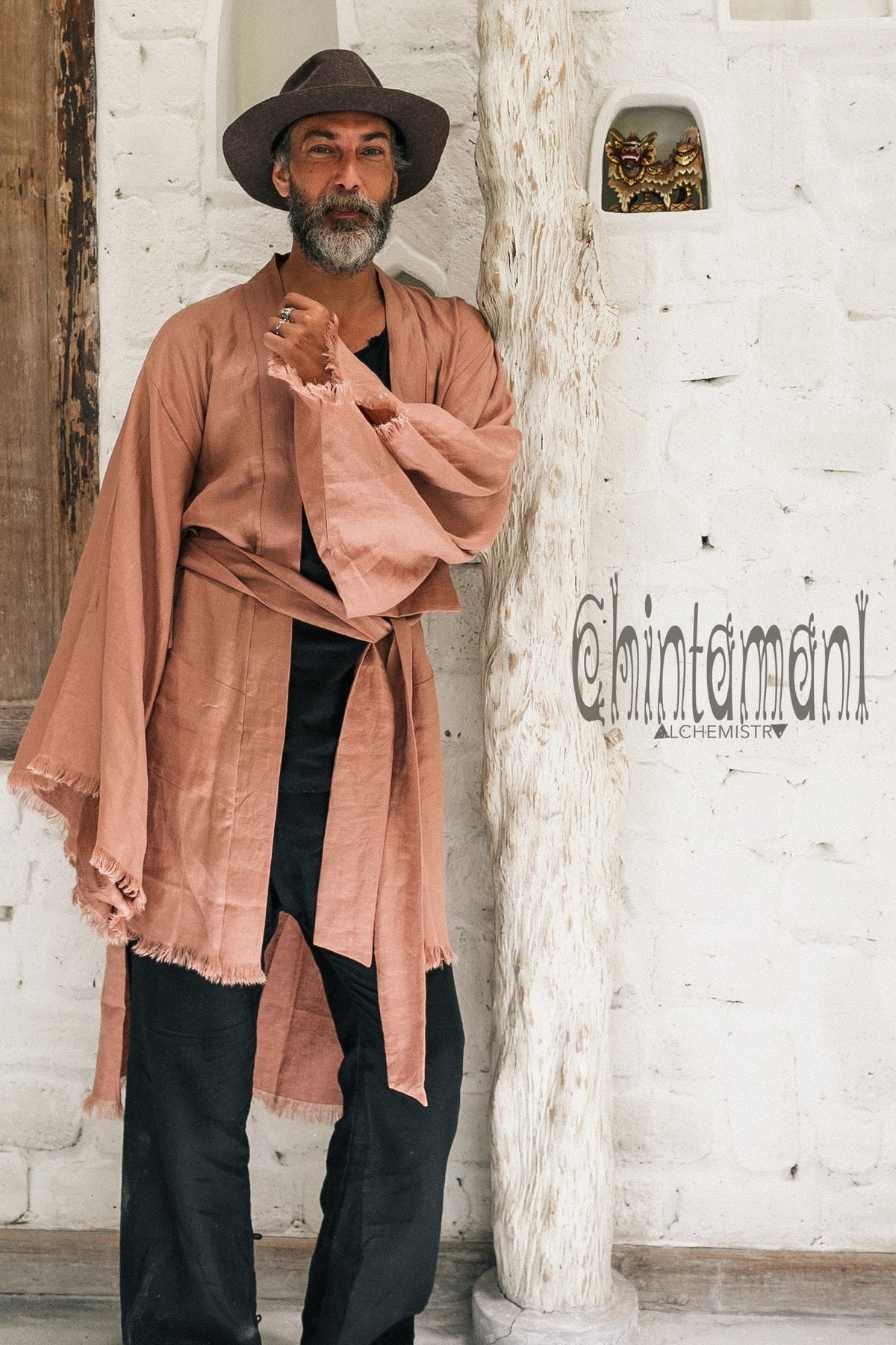 Long Linen Japanese Kimono Robe Cardigan for Men Dusty Pink ChintamaniAlchemi