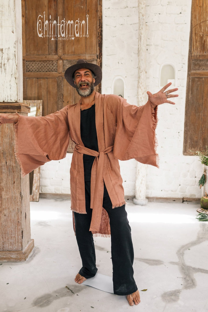 Long Linen Japanese Kimono Robe / Cardigan for Men / Dusty Pink - ChintamaniAlchemi