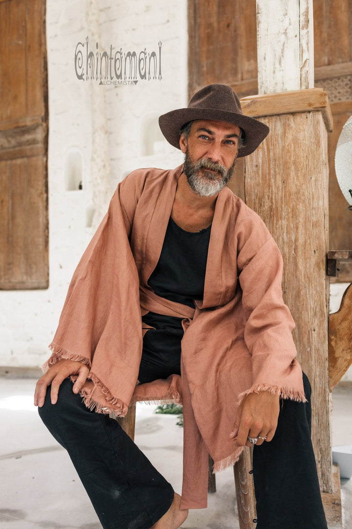 Long Linen Japanese Kimono Robe / Cardigan for Men / Dusty Pink - ChintamaniAlchemi