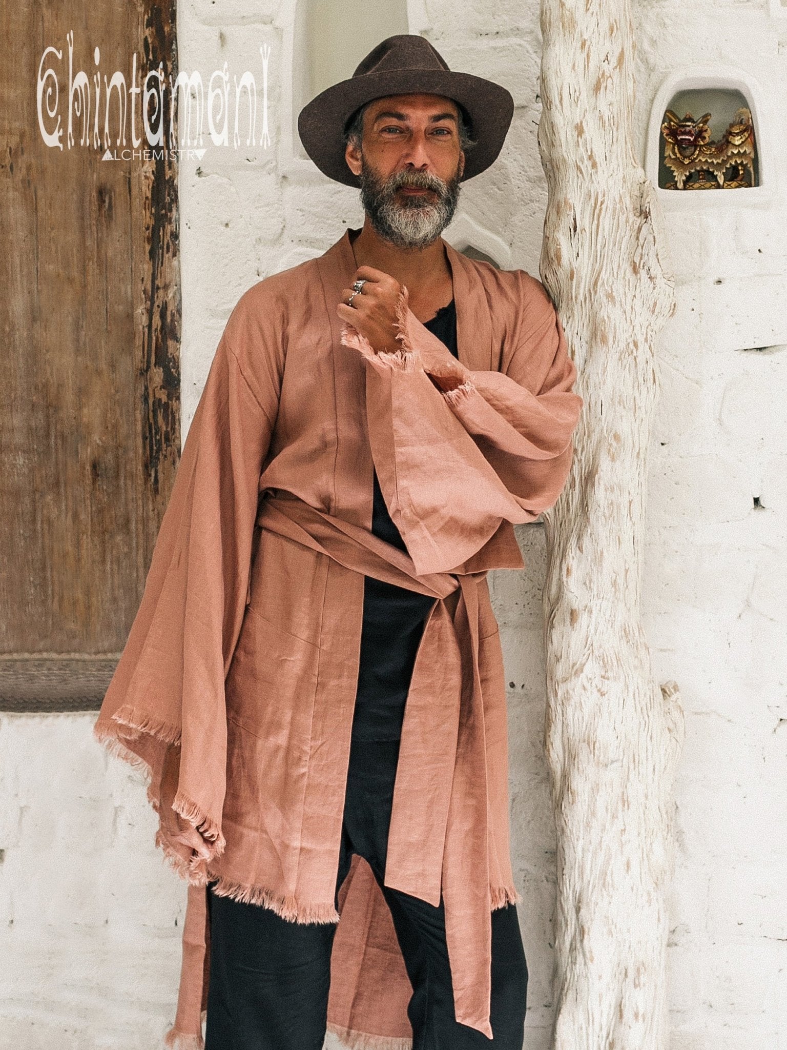 Long Linen Japanese Kimono Robe / Cardigan for Men / Dusty Pink - ChintamaniAlchemi