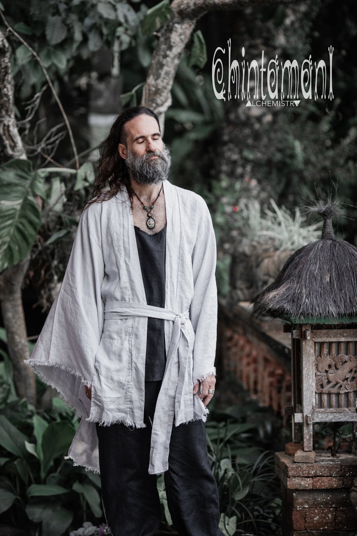 Long Linen Japanese Kimono Robe / Cardigan for Men / Grey - ChintamaniAlchemi