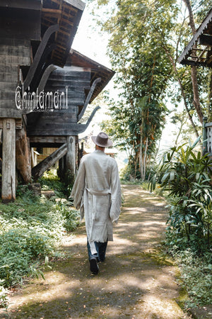 Long Linen Japanese Kimono Robe / Cardigan for Men / Sage Green - ChintamaniAlchemi