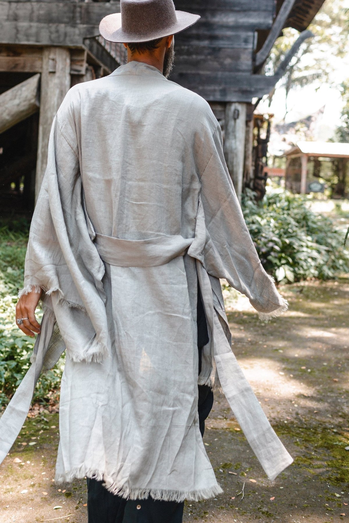 Long Linen Japanese Kimono Robe / Cardigan for Men / Sage Green - ChintamaniAlchemi