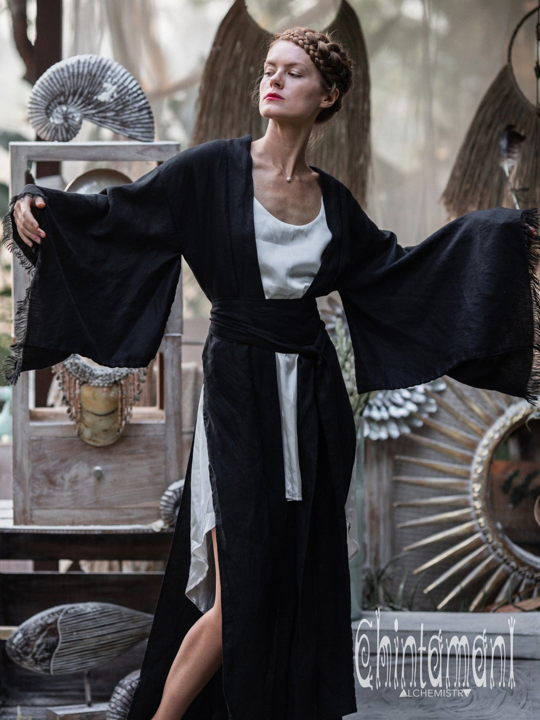 knee length dresses for ladies BLACK KIMONO MONTSUKI 