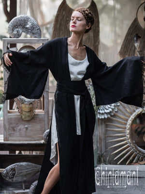Long Linen Japanese Kimono Robe / Cardigan for Women / Black - ChintamaniAlchemi