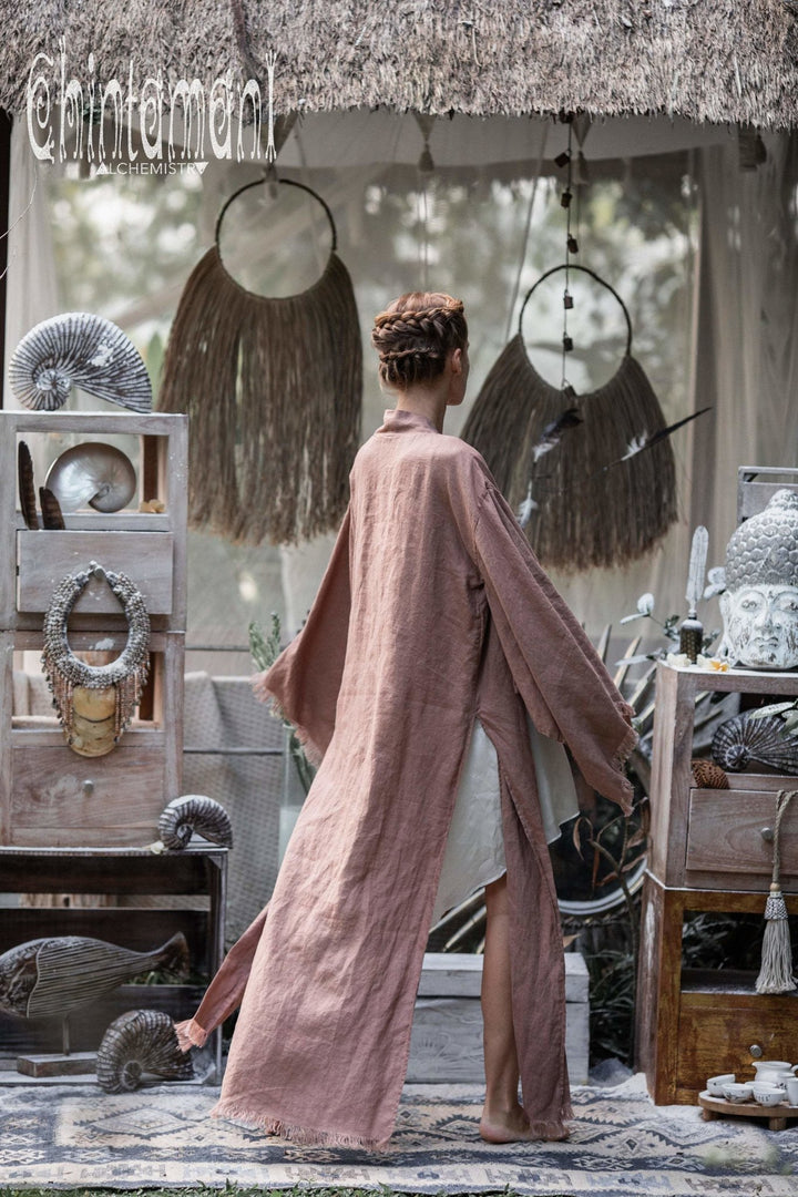 Long Linen Japanese Kimono Robe / Cardigan for Women / Dusty Pink - ChintamaniAlchemi