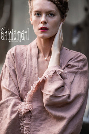 Long Linen Japanese Kimono Robe / Cardigan for Women / Dusty Pink - ChintamaniAlchemi