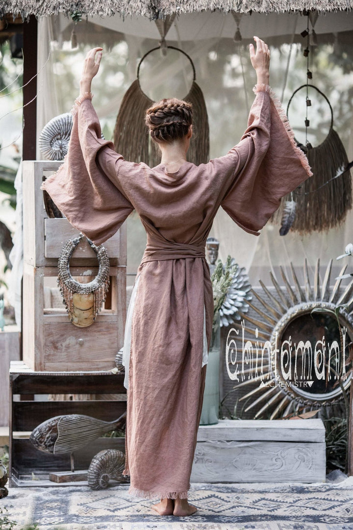 Long Linen Japanese Kimono Robe / Cardigan for Women / Dusty Pink - ChintamaniAlchemi