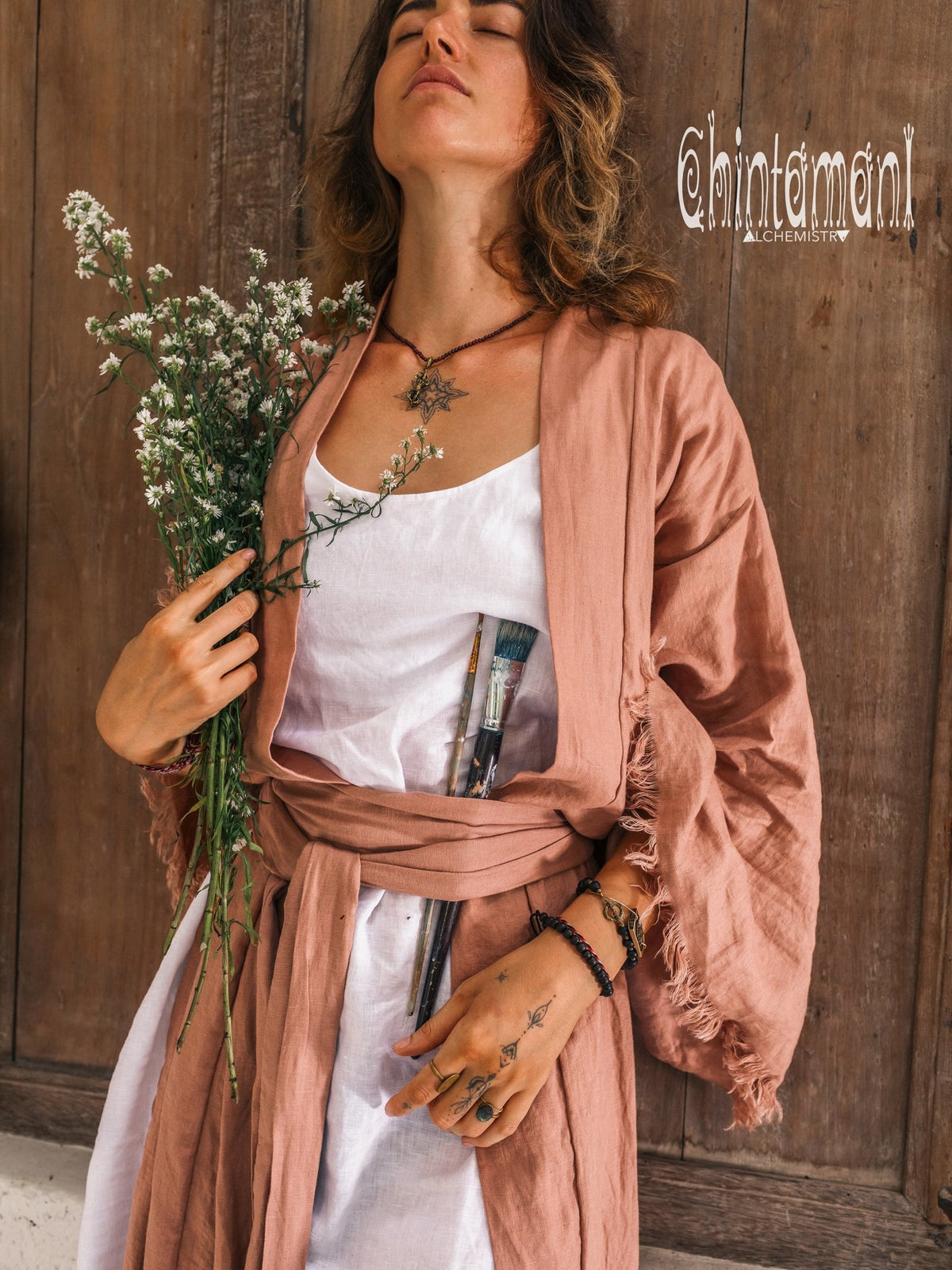 Long Linen Japanese Kimono Robe / Cardigan for Women / Dusty Pink - ChintamaniAlchemi