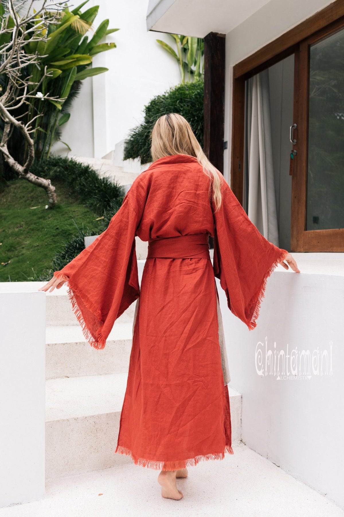 Long Linen Japanese Kimono Robe / Cardigan for Women / Red Ochre - ChintamaniAlchemi