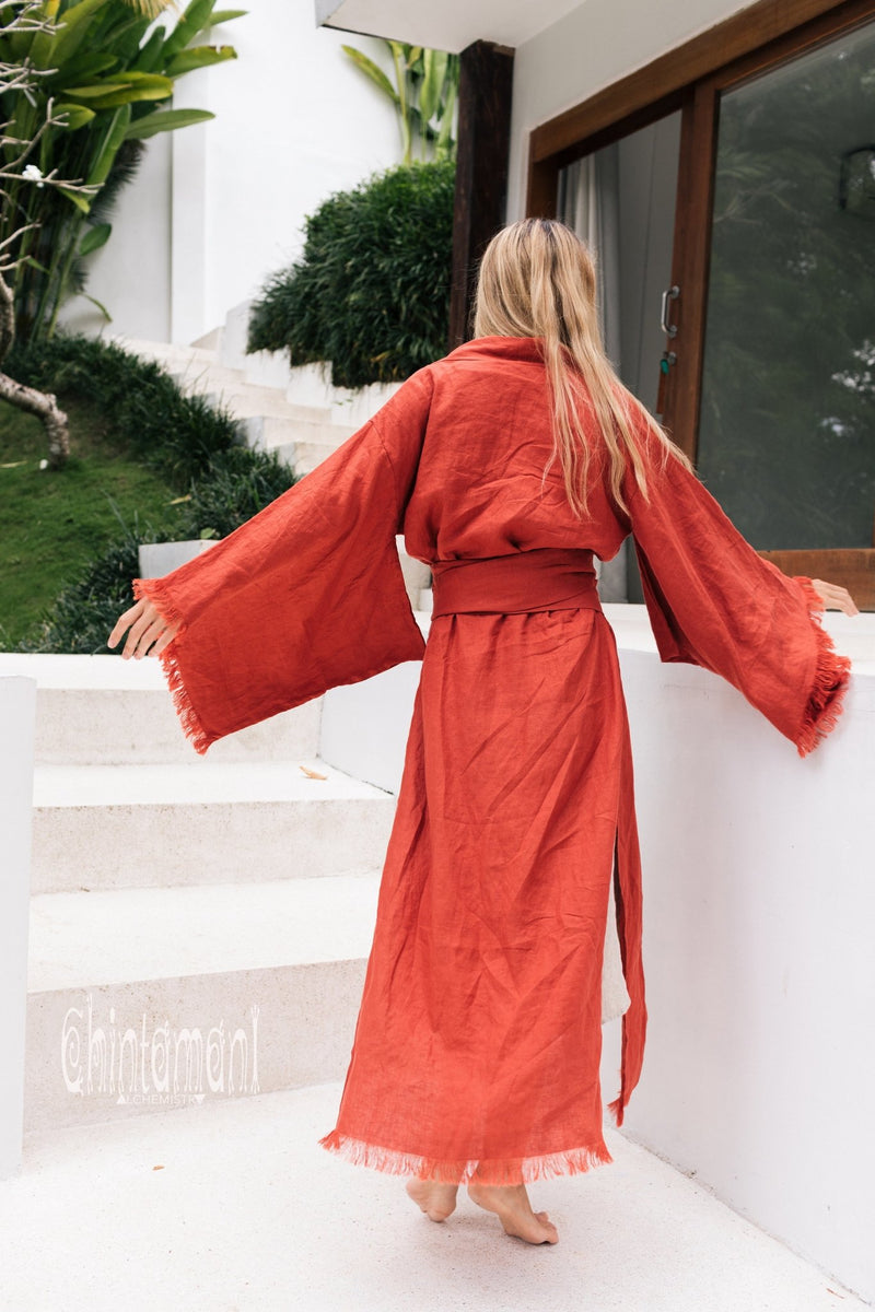 Long Linen Japanese Kimono Robe / Cardigan for Women / Red Ochre - ChintamaniAlchemi