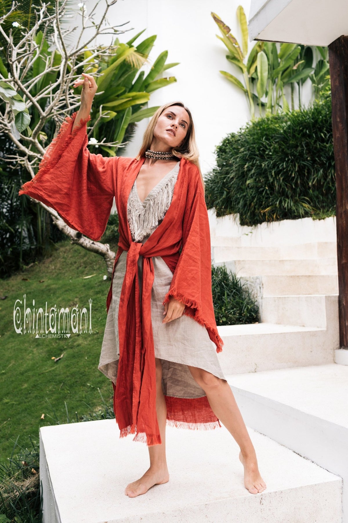 Long Linen Japanese Kimono Robe / Cardigan for Women / Red Ochre - ChintamaniAlchemi