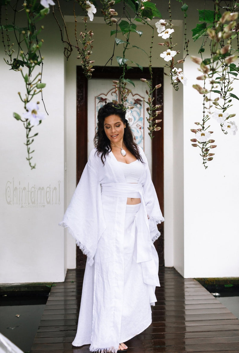Long Linen Japanese Kimono Robe / Cardigan for Women / White - ChintamaniAlchemi
