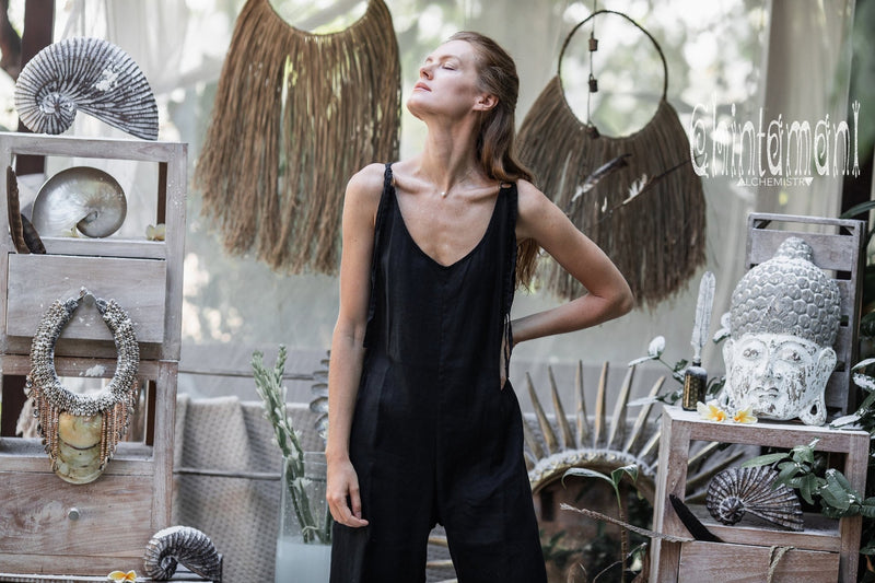 Long Linen Jumpsuit for Women / Maxi Overalls with Back Zip / Black - ChintamaniAlchemi