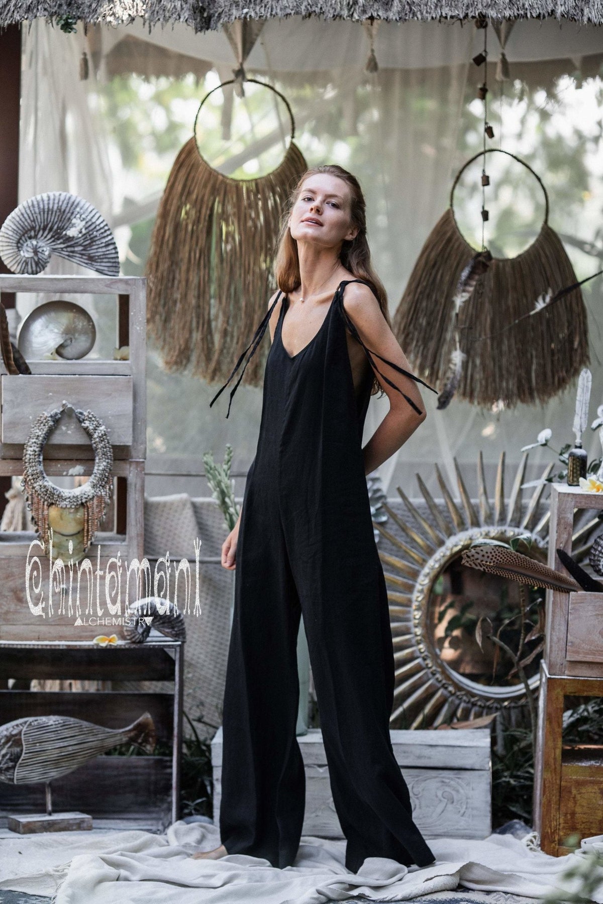 Long Linen Jumpsuit for Women / Maxi Overalls with Back Zip / Black - ChintamaniAlchemi