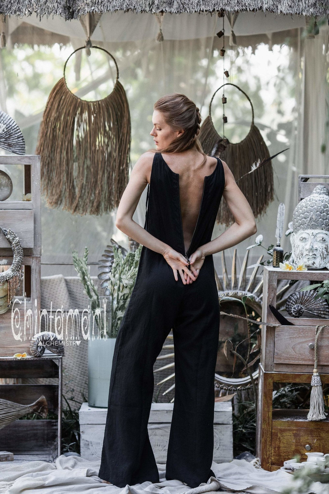 Long Linen Jumpsuit for Women / Maxi Overalls with Back Zip / Black - ChintamaniAlchemi