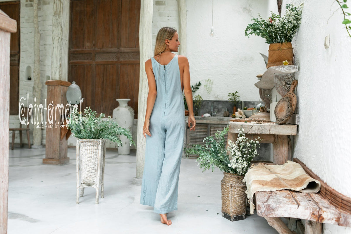 Long Linen Jumpsuit for Women / Maxi Overalls with Back Zip / Blue - ChintamaniAlchemi