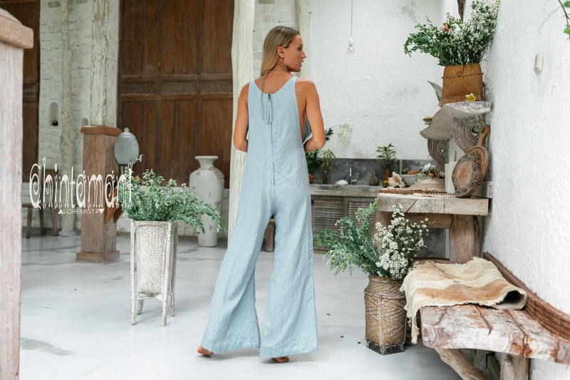 Long Linen Jumpsuit for Women / Maxi Overalls with Back Zip / Blue - ChintamaniAlchemi