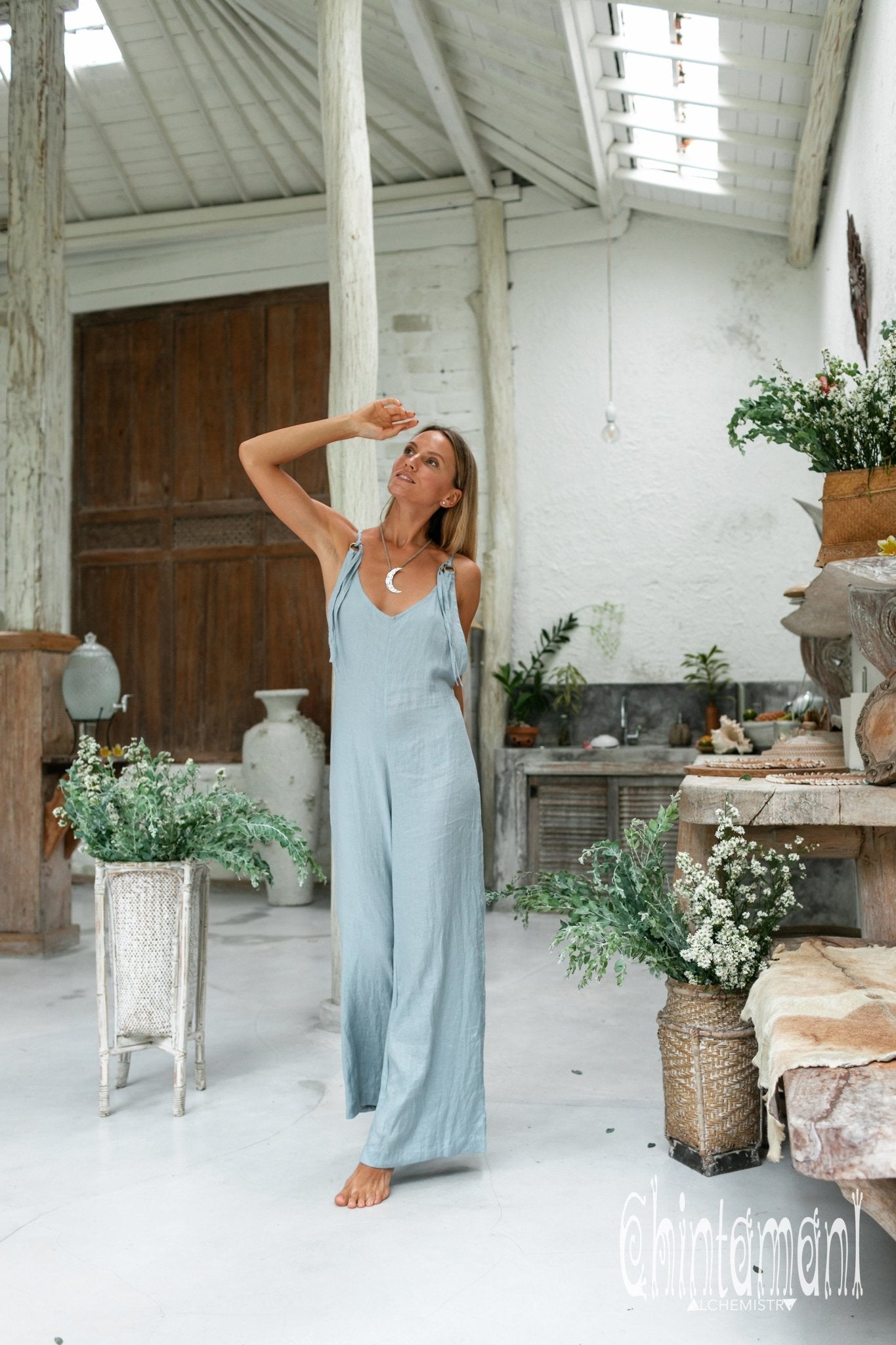 Long Linen Jumpsuit for Women / Maxi Overalls with Back Zip / Green