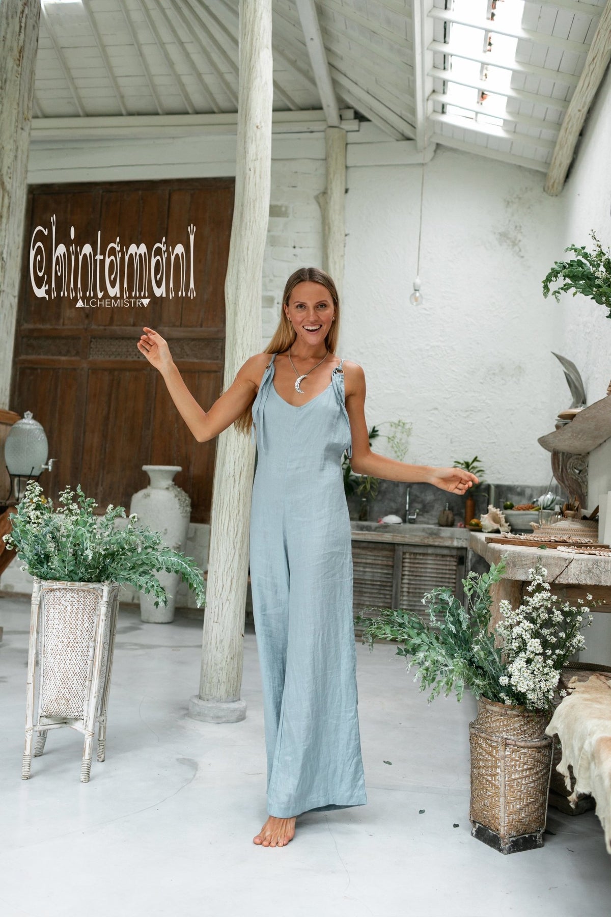 Long Linen Jumpsuit for Women / Maxi Overalls with Back Zip / Blue - ChintamaniAlchemi