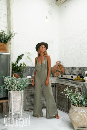Long Linen Jumpsuit for Women / Maxi Overalls with Back Zip / Green - ChintamaniAlchemi