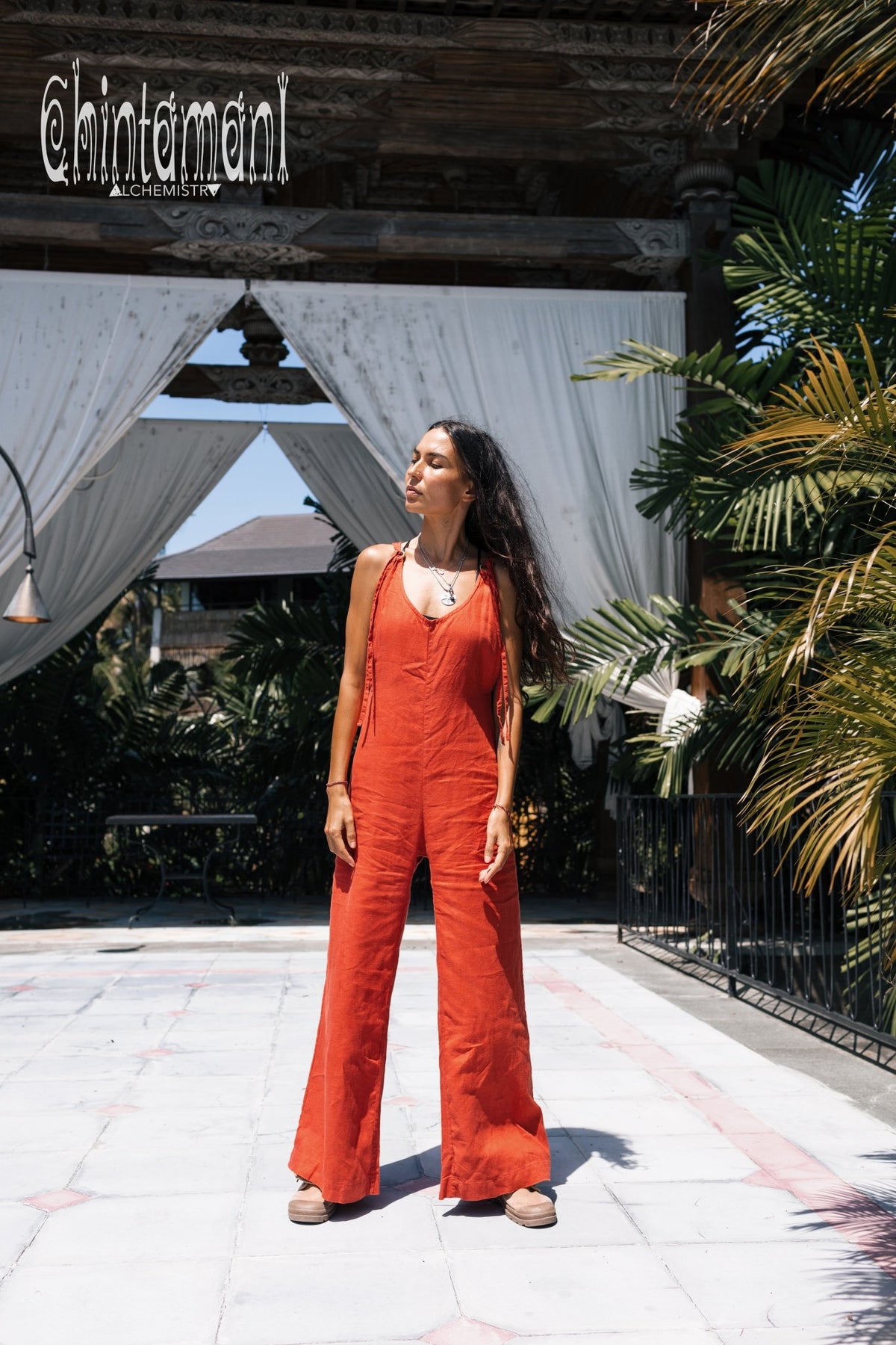 Long Linen Jumpsuit for Women / Maxi Overalls with Back Zip / Red Ochre - ChintamaniAlchemi