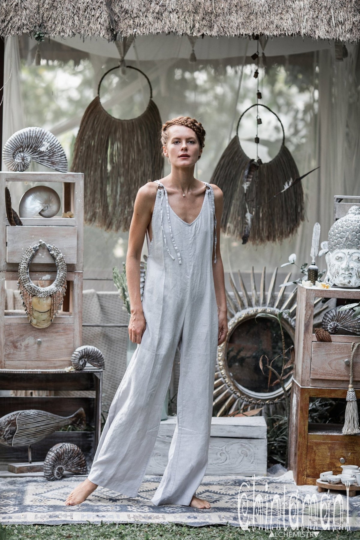 Long Linen Jumpsuit for Women / Overalls with Back Zip / Light Grey - ChintamaniAlchemi