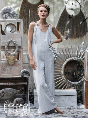 Long Linen Jumpsuit for Women / Overalls with Back Zip / Light Grey - ChintamaniAlchemi