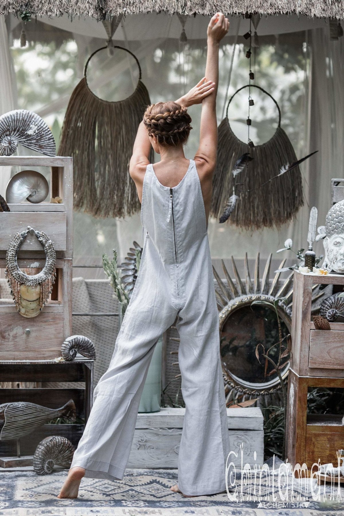 Long Linen Jumpsuit for Women / Overalls with Back Zip / Light Grey - ChintamaniAlchemi