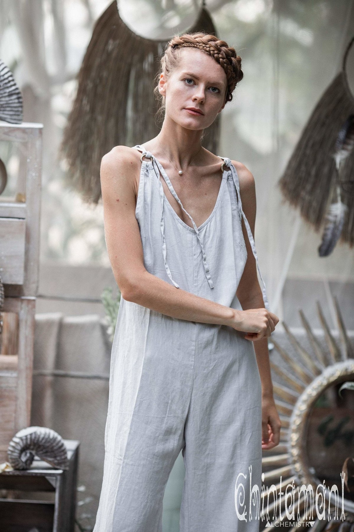 Long Linen Jumpsuit for Women / Overalls with Back Zip / Light Grey - ChintamaniAlchemi