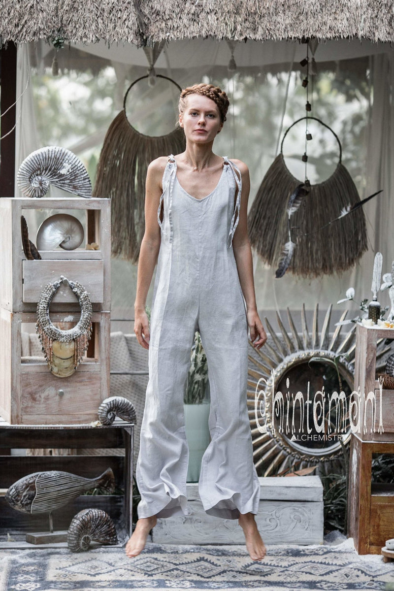 Long Linen Jumpsuit for Women / Overalls with Back Zip / Light Grey - ChintamaniAlchemi