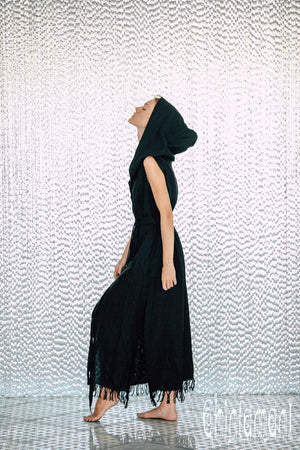 Long Linen Shirt Dress with Hood & High Slit / Black - ChintamaniAlchemi