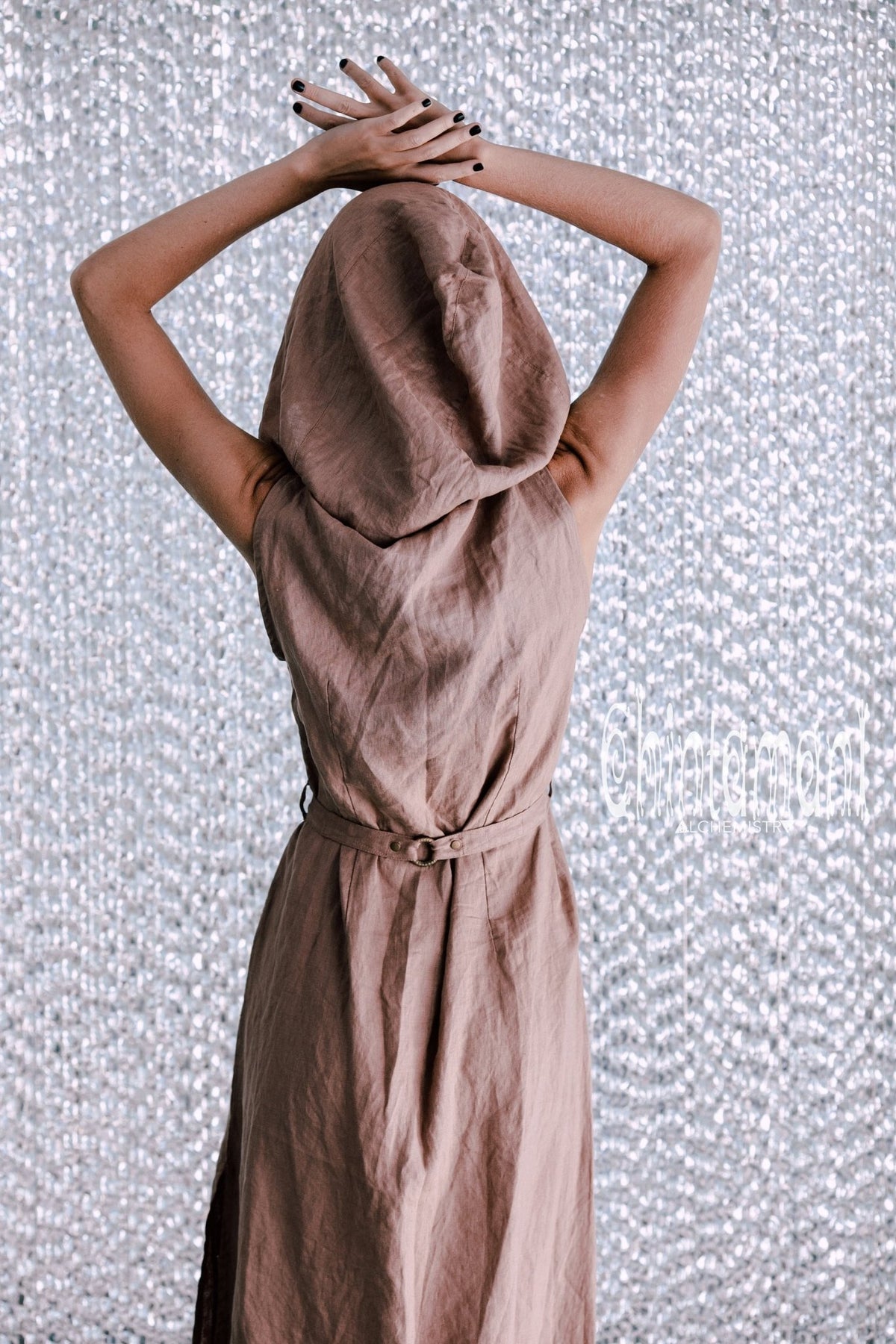 Long Linen Shirt Dress with Hood &amp; High Slit / Dusty Rose - ChintamaniAlchemi