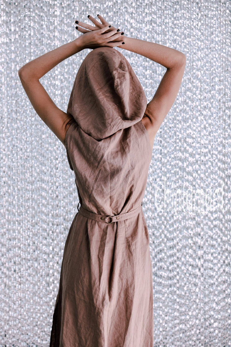 Long Linen Shirt Dress with Hood & High Slit / Dusty Rose - ChintamaniAlchemi