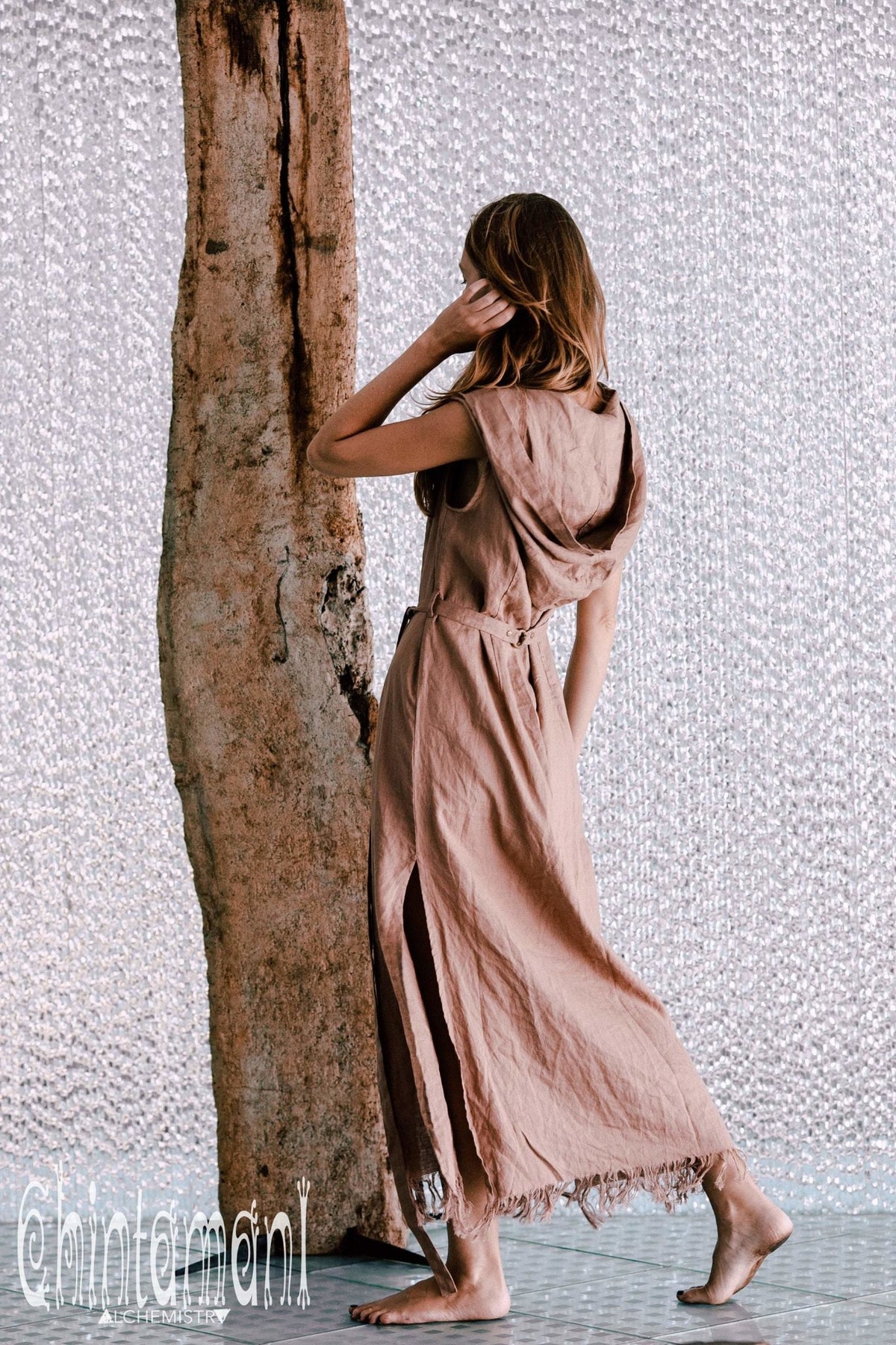 Long Linen Shirt Dress with Hood &amp; High Slit / Dusty Rose - ChintamaniAlchemi