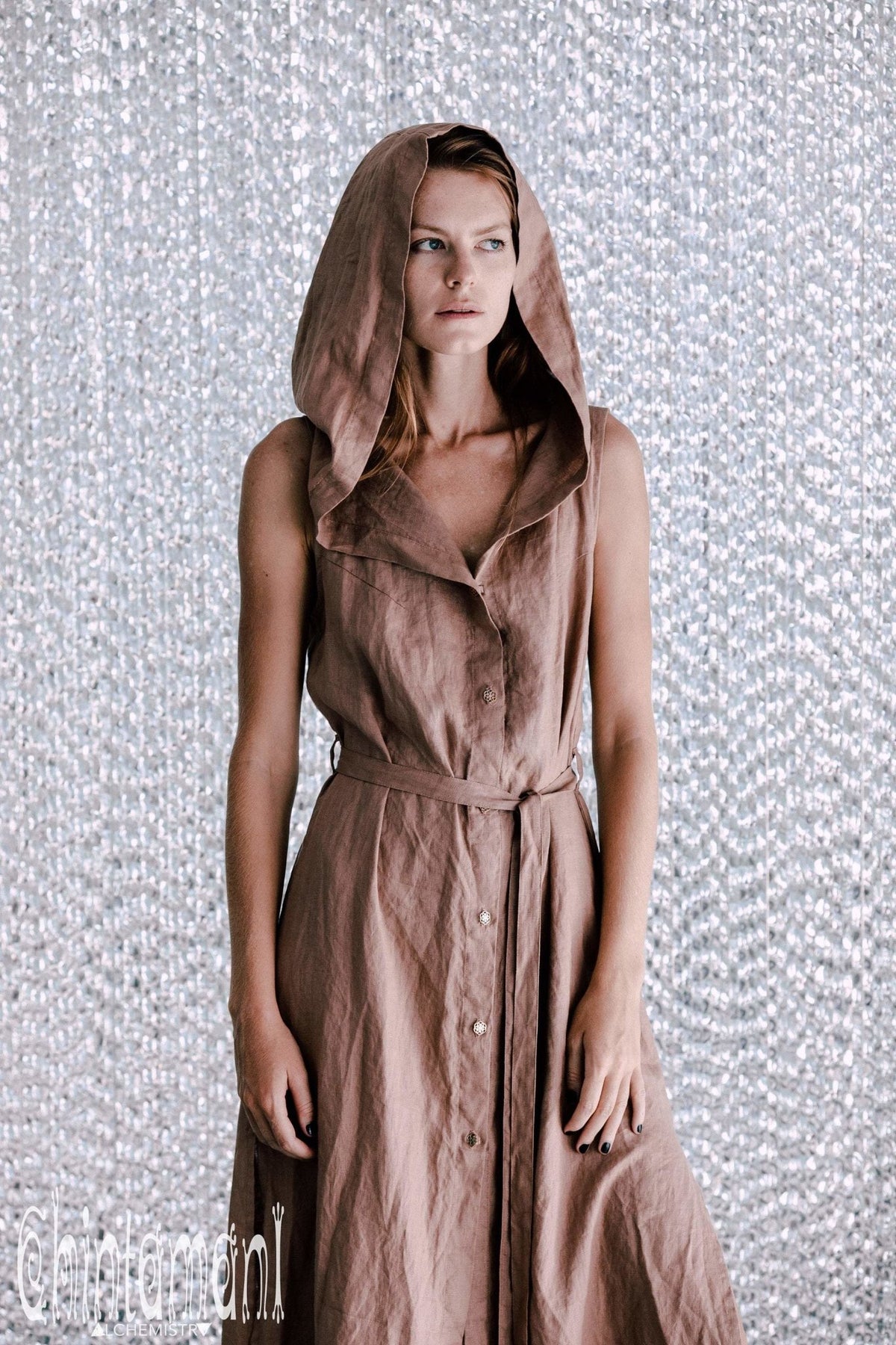 Long Linen Shirt Dress with Hood &amp; High Slit / Dusty Rose - ChintamaniAlchemi