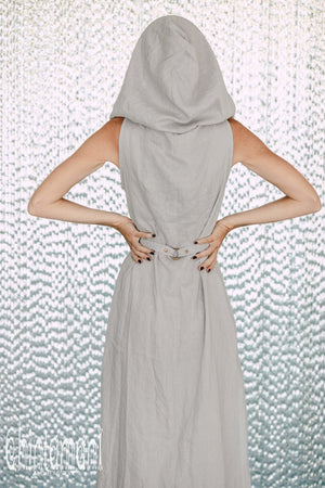 Long Linen Shirt Dress with Hood & High Slit / Grey - ChintamaniAlchemi