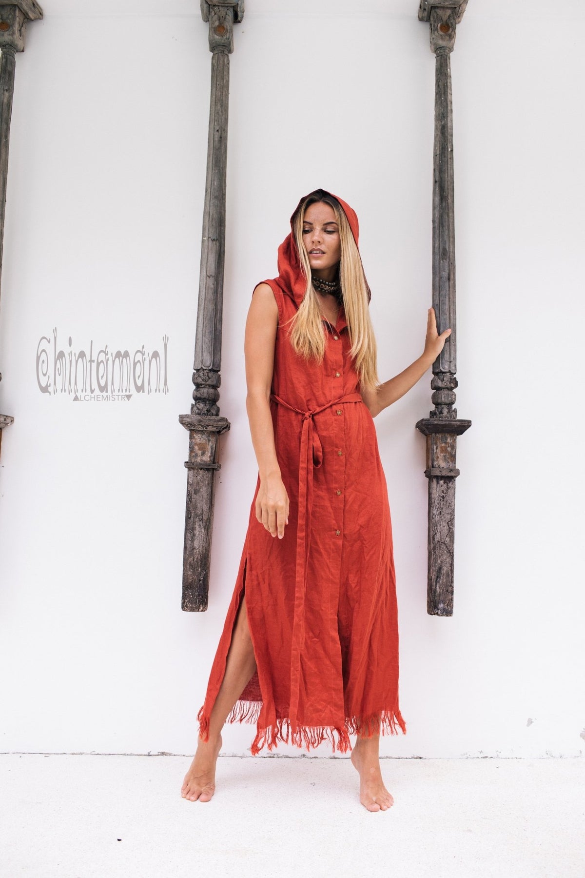 Long Linen Shirt Dress with Hood &amp; High Slit / Red Ochre - ChintamaniAlchemi