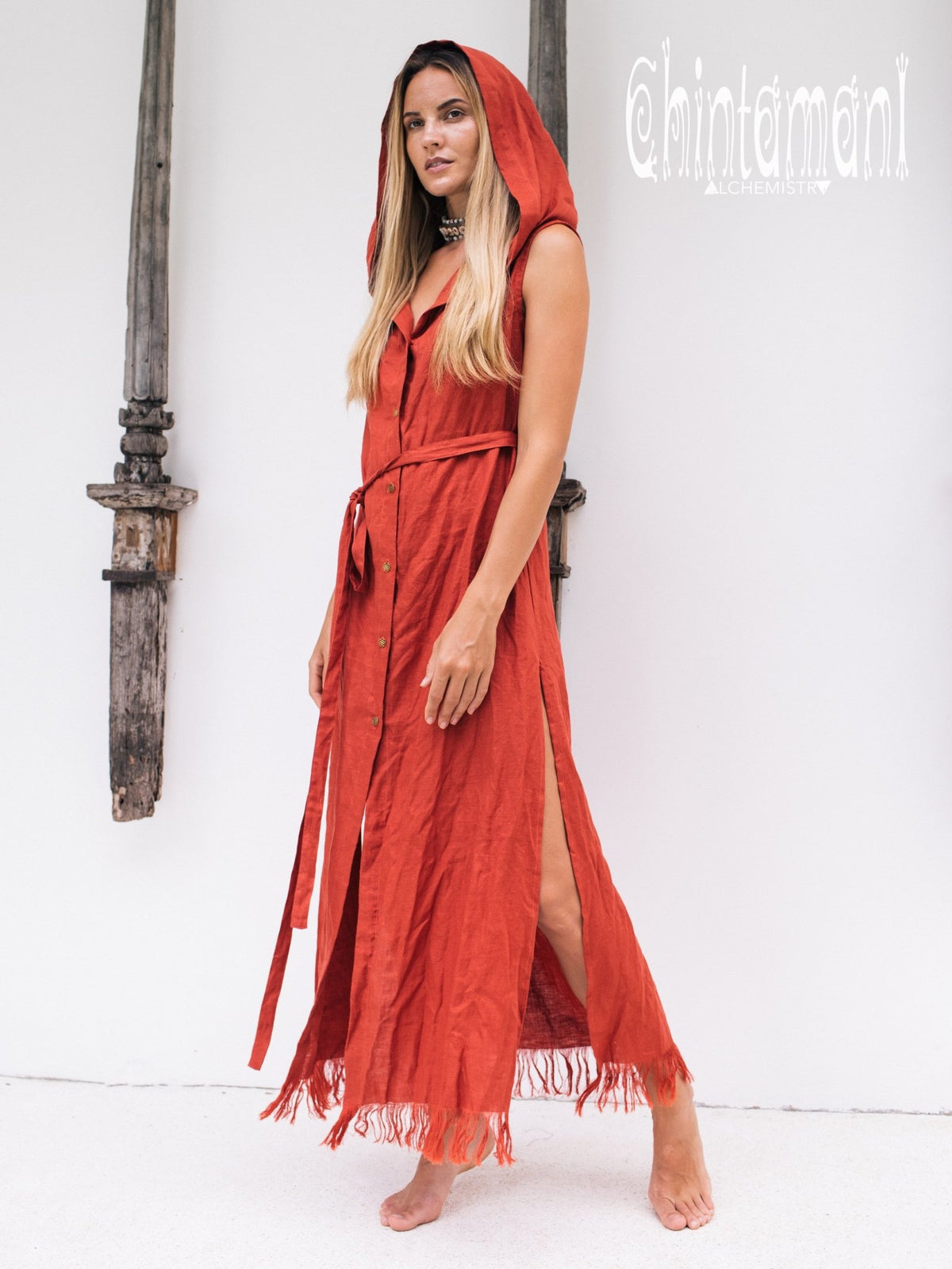 Long Linen Shirt Dress with Hood &amp; High Slit / Red Ochre - ChintamaniAlchemi