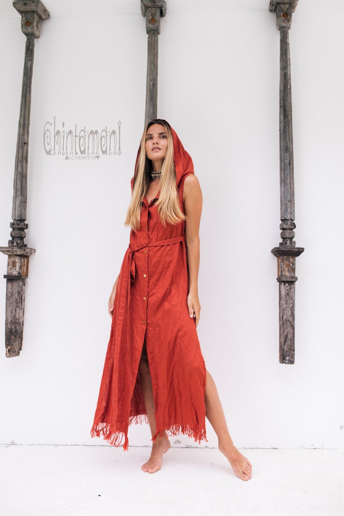 Long Linen Shirt Dress with Hood &amp; High Slit / Red Ochre - ChintamaniAlchemi