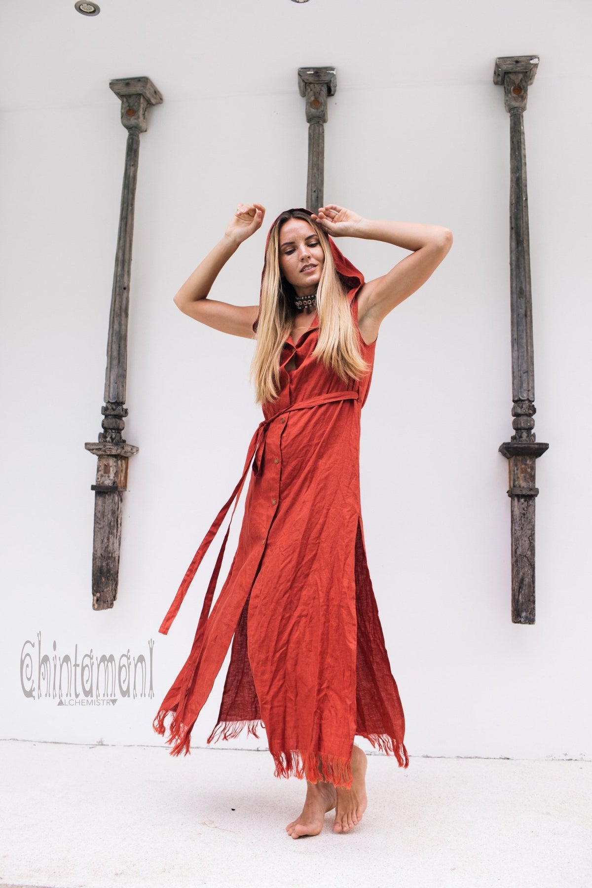 Long Linen Shirt Dress with Hood &amp; High Slit / Red Ochre - ChintamaniAlchemi