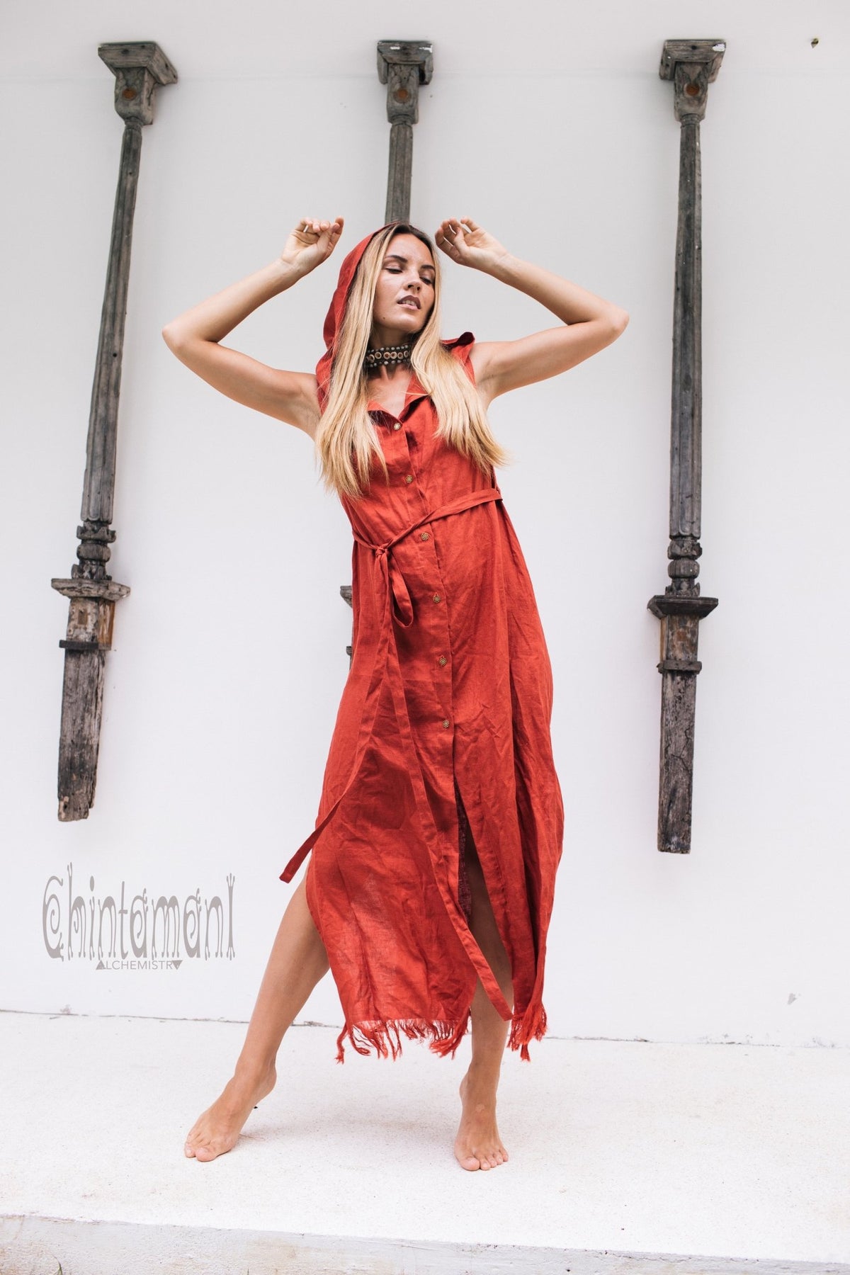 Long Linen Shirt Dress with Hood &amp; High Slit / Red Ochre - ChintamaniAlchemi