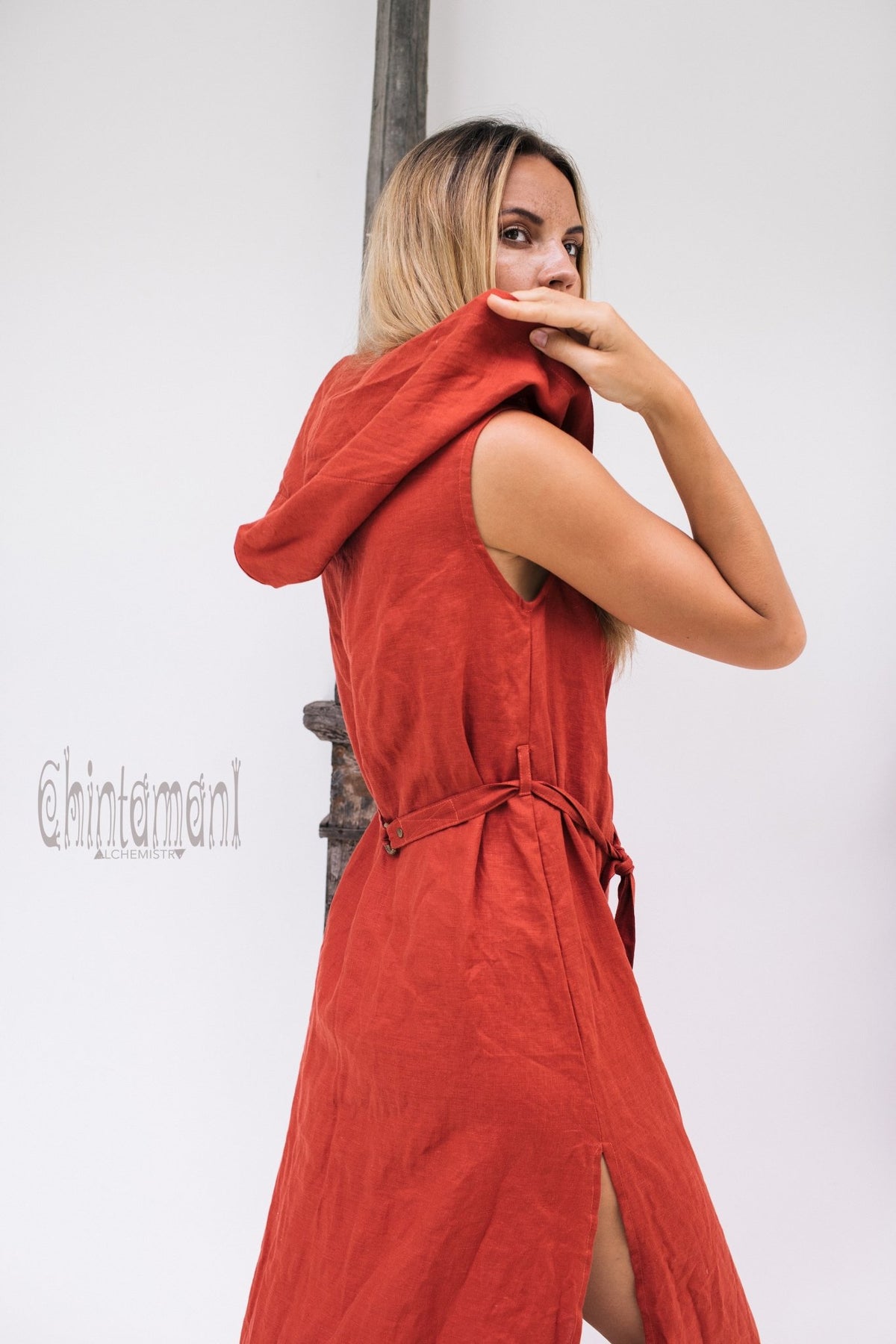 Long Linen Shirt Dress with Hood &amp; High Slit / Red Ochre - ChintamaniAlchemi